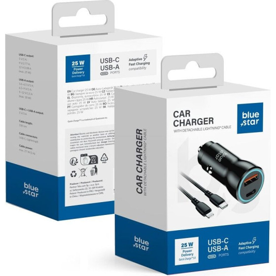 Blue Star Car Charger 3A 25W Type C + Usb A + Cable Type C To Lightning Pd QC3.0 Afc Pps black