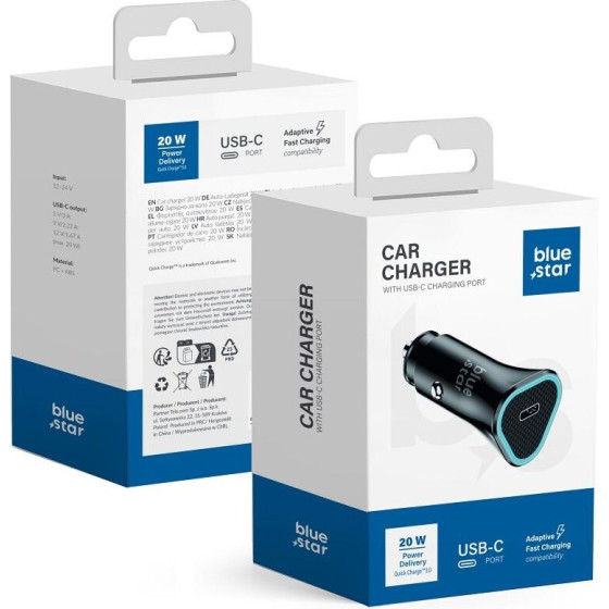Blue Star Car Charger Type C 3A 20W Pd QC3.0 Afc black