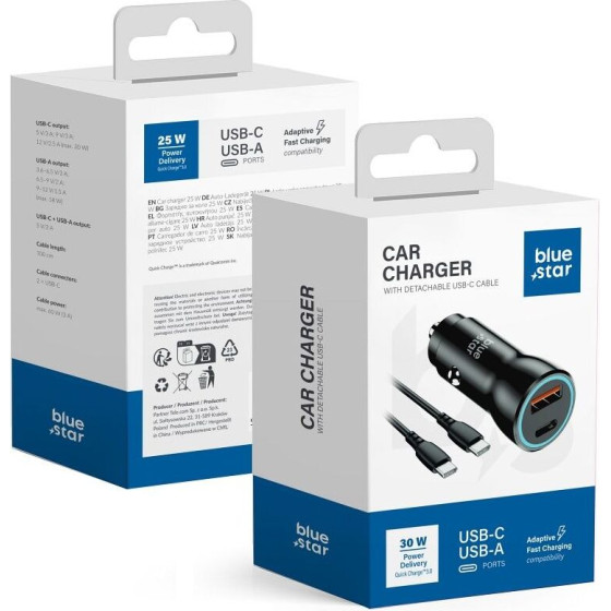 Blue Star Car Charger 3A 30W Type C + Usb A + Cable Type C To Type C Pd QC3.0 Afc Pps black