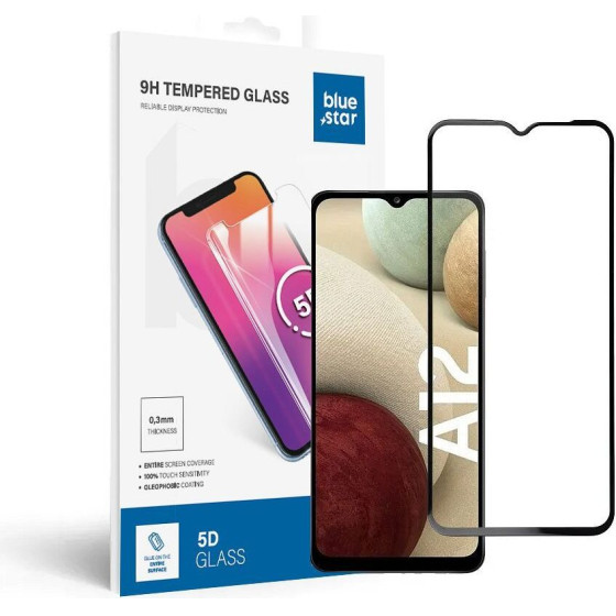 Blue Star Tempered Glass - Samsung A12 Full Face (Full Glue With frame/Small size) - Black Tempered Glass