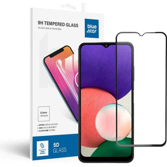 Blue Star Tempered Glass - Samsung A22 5G Full Face (Full Glue With frame/Small size) - Black Tempered Glass