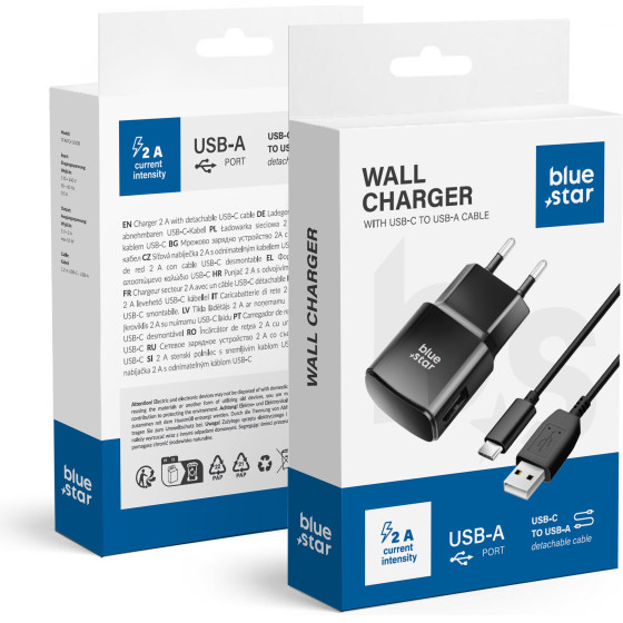 Blue Star Travel Charger 2A 10W Usb A + Cable Usb A To Type C TFK-TC-1100B black