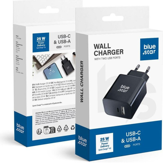 Blue Star Travel Charger With Usb C+USB-A Sockets Pd QC4.0 3A 25W TFB-TC-25WPd black