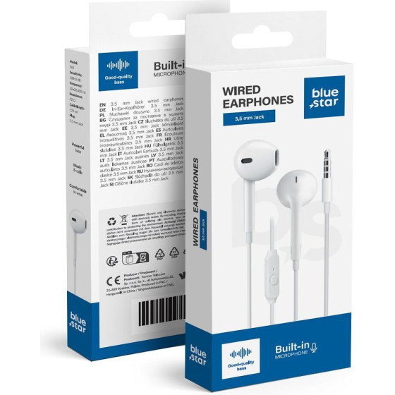 Blue Star Wire Earphones Jack 3,5 Mm With Microphone PA-E65 1,2 m white