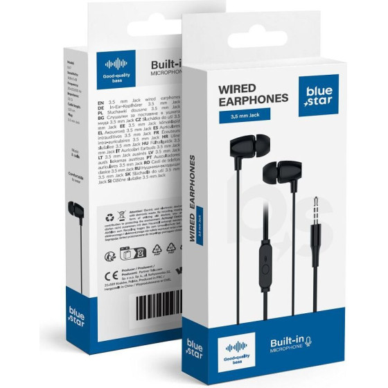 Blue Star Wire Earphones Jack 3,5 Mm With Microphone PA-E67 1,2 m black