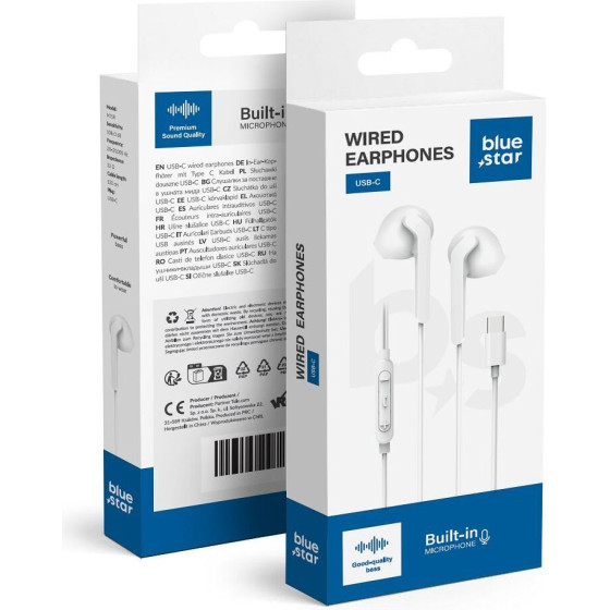 Blue Star Wire Earphones Type C (DAC) With Microphone PA-M15C-R 1,2 m white