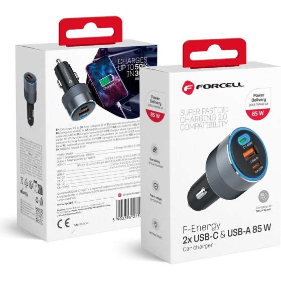 FORCELL F-Energy Alu Car Charger 2 x Type C + Usb A Pd QC4.0 SFC2.0 3A 85W gray