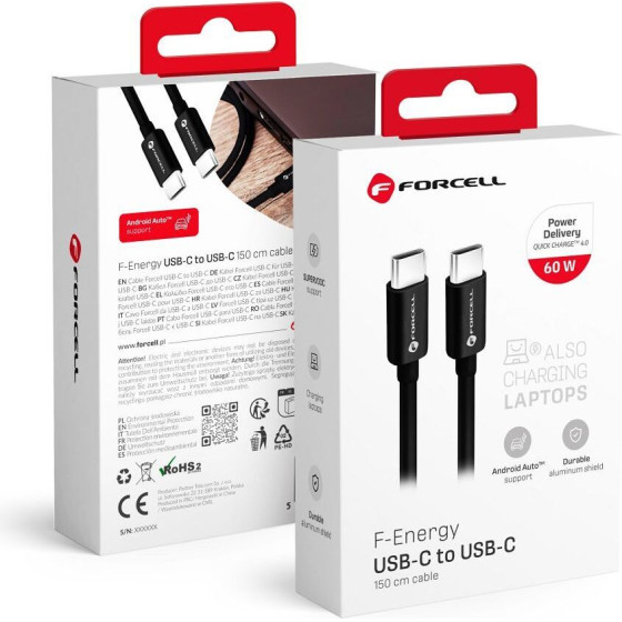 FORCELL F-Energy C338 Cable Type C To Type C Pd QC4.0 3A 60W 1,5 m black