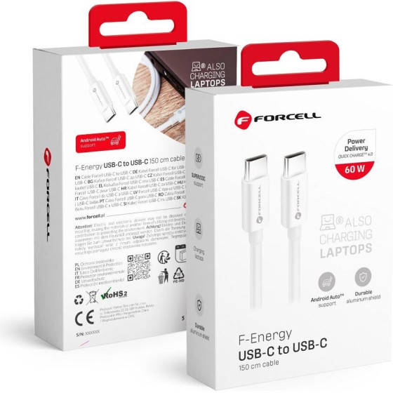 FORCELL F-Energy C338 Cable Type C To Type C Pd QC4.0 3A 60W 1,5 m white