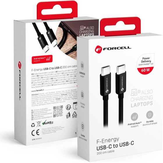 FORCELL F-Energy C338 Cable Type C To Type C Pd QC4.0 3A 60W 2 m black