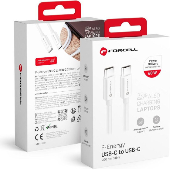 FORCELL F-Energy C338 Cable Type C To Type C Pd QC4.0 3A 60W 2 m white