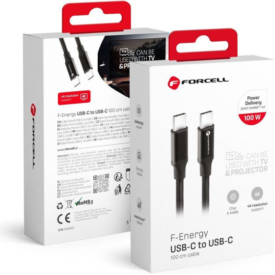 FORCELL F-Energy C391 Cable Type C To Type C Pd QC4.0 5A 100W E-Mark / 4K / Thunderbolt / 20Gbit/s 1 m black