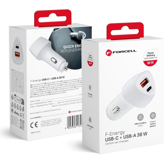 FORCELL F-Energy Carbon CC50-1A1C Car Charger Type C + Usb A Pd QC3.0 3A 38W white