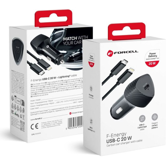 FORCELL F-Energy Carbon CC50-1C Car Charger Type C + Cable Type C To Lightning Pd 3A 20W black