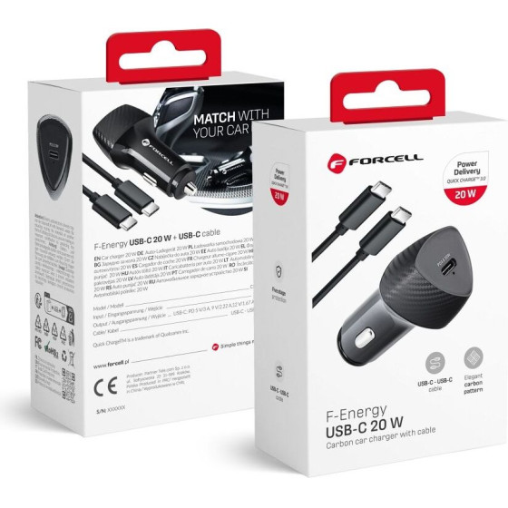 FORCELL F-Energy Carbon CC50-1C Car Charger Type C + Cable Type C To Type C Pd 3A 20W black