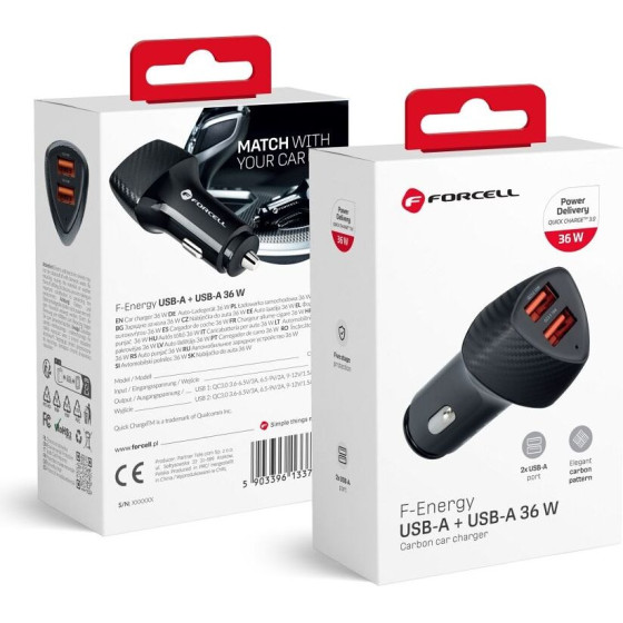 FORCELL F-Energy Carbon CC50-2A Car Charger 2 x Usb A QC3.0 3A 36W black