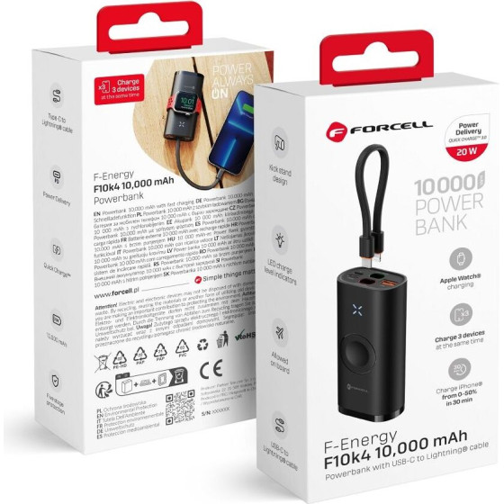 FORCELL F-Energy F10K4 Powerbank Compatible With Apple Watch Pd QC3.0 3A 22,5W 10000 Mah black