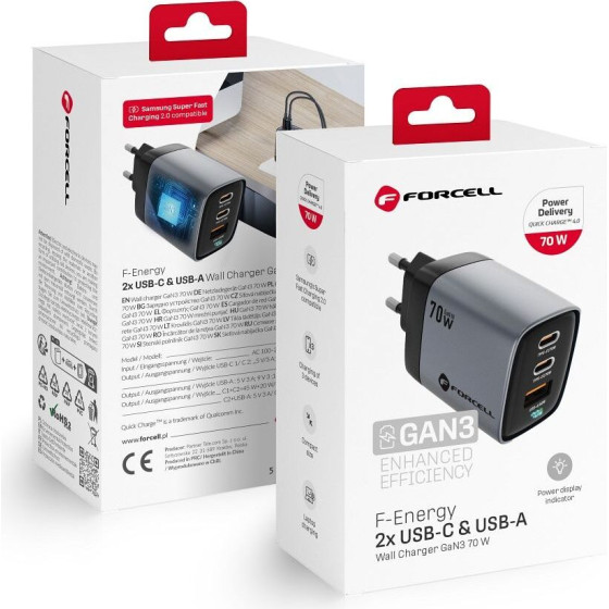 FORCELL F-Energy Gan Iii VT-37 Travel Charger With Display Lcd 2 x Type C + Usb A Pd QC4.0 Sam SFC2.0 3,45A 70W gray