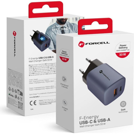 FORCELL F-Energy Gan VT-31 Travel Charger Type C + Usb A Pd QC4.0 3A 33W gray