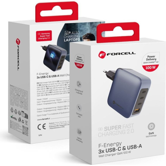 FORCELL F-Energy Gan VT-46 Travel Charger 3 x Type C + Usb A Pd QC4.0 5A 100W With Pd gray