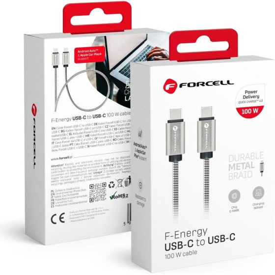 FORCELL F-Energy Metal C239 Cable Type C To Type C Pd QC4.0 5A 100W E-Mark 1 m silver