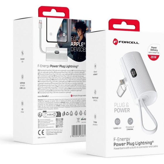 FORCELL F-Energy Power Plug F5K3 Powerbank With built-In Connector Lightning Pd 20W 5000 Mah white