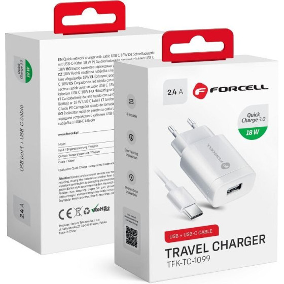 FORCELL F-Energy TFK-TC-1099 Travel Charger Usb A + Cable Usb A To Type C QC3.0 2,4A 18W white