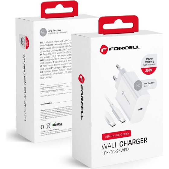 FORCELL F-Energy TFK-TC-25WPd Travel Charger Type C + Cable Type C To Type C Pd Q.C 3A 25W white
