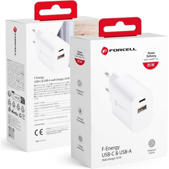 FORCELL F-Energy TFK-TC-35WPd Travel Charger Type C + Usb A Pd QC4.0 3A 35W white