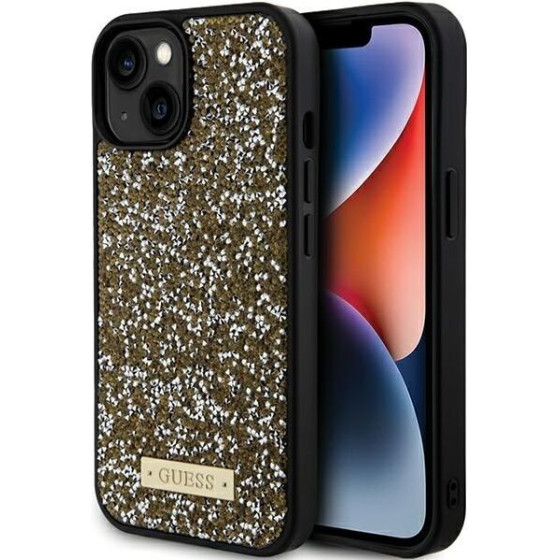 Guess Case For Iphone 13 / 14 / 15 GUHCP15SPfgsbsd (Rhinestone Metal Logo) yellow
