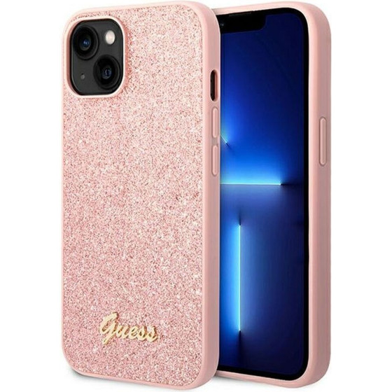 Guess Case For Iphone 14 Plus GUHCP14MHggshp (Glitter Flakes Script Metal Logo) pink