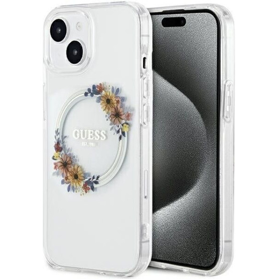 Guess Case For Iphone 15 Compatible With Magsafe GUHMP15SHfwfct (Flowers Wreath) transparent