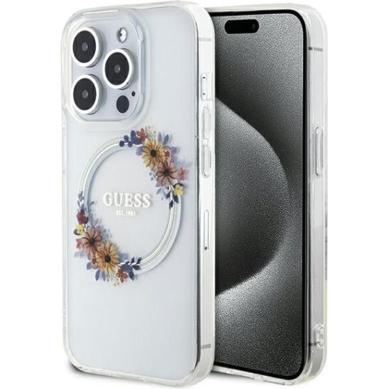 Guess Case For Iphone 15 Pro Max Compatible With Magsafe GUHMP15XHfwfct (Flowers Wreath) transparent