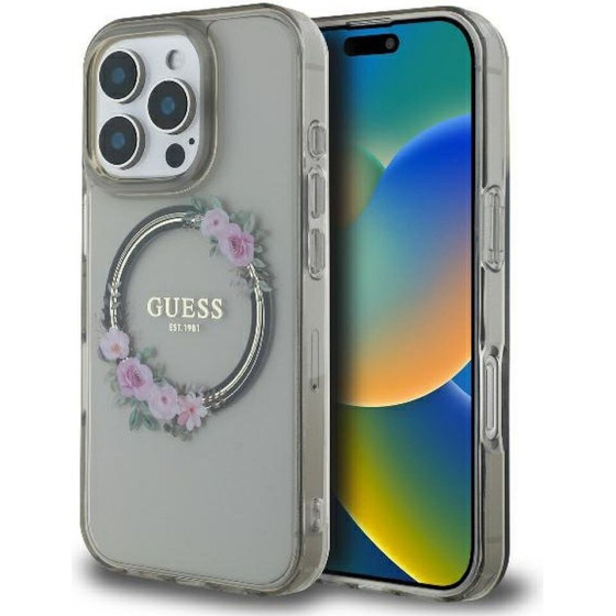 Guess Case For Iphone 16 Pro Compatible With Magsafe GUHMP16LHfwfck (Iml Flowers Wreath) black