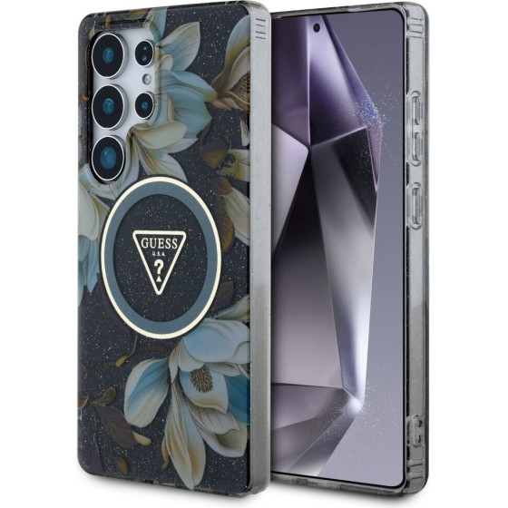 Guess Case For Samsung S25 Ultra GUHMS25LHflpedk (Magnetic Iml Metal Glitter Flowers Triangle) black