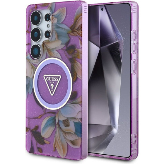 Guess Case For Samsung S25 Ultra GUHMS25LHflpedu (Magnetic Iml Metal Glitter Flowers Triangle) purple