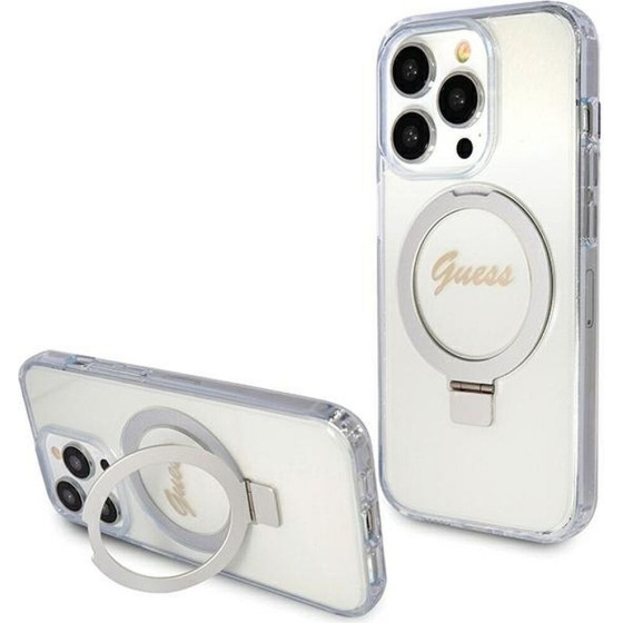 Guess Original Faceplate Case GUHMP15XHrsgsd For Iphone 15 Pro Max (Compatible With Magsafe / Glitter Script Logo / Ring Stand / transparent)
