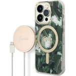 Guess Set For Iphone 14 Pro Max Compatible With Magsafe GUBPP14XHjeacsa (Bundle Pack / Case + Charger / Img Jungle) Gold kaki