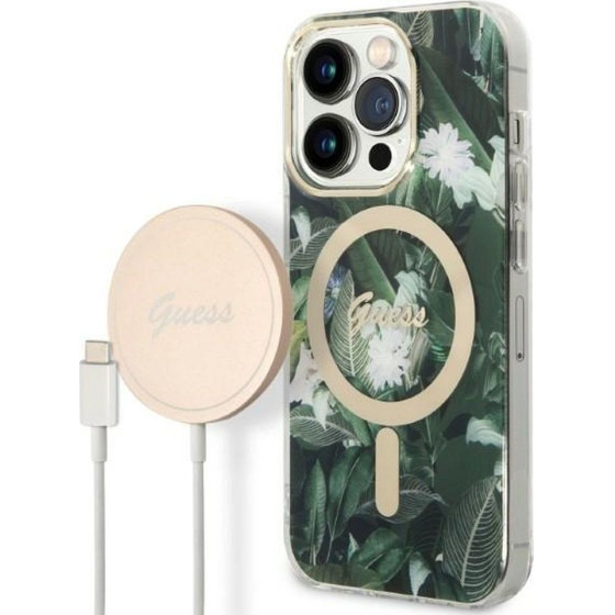 Guess Set For Iphone 14 Pro Max Compatible With Magsafe GUBPP14XHjeacsa (Bundle Pack / Case + Charger / Img Jungle) Gold kaki