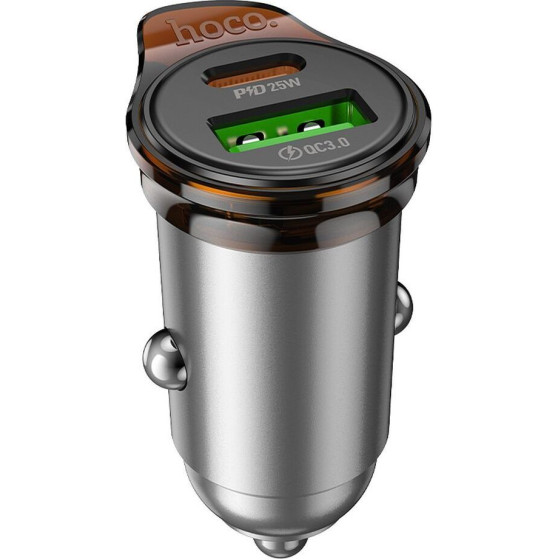 Hoco Car Charger Usb A + Type C + Cable Type C To Lightning Pd QC3.0 43W NZ16A Metal gray