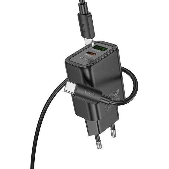 Hoco Wall Charger Usb A + Type C + Cable Type C To Lightning Pd QC3.0 3A 20W N61 black