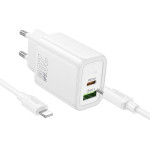Hoco Wall Charger Usb A + Type C + Cable Type C To Lightning Pd QC3.0 3A 20W N61 white