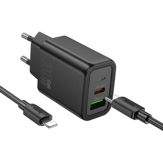 Hoco Wall Charger Usb A + Type C + Cable Type C To Type C Pd QC3.0 3A 20W N61 black