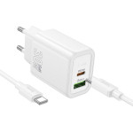 Hoco Wall Charger Usb A + Type C + Cable Type C To Type C Pd QC3.0 3A 30W N63 white