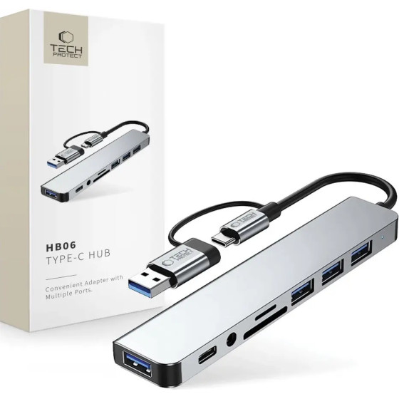 Tech-Protect HB06 Hub Adapter 8in1 TYPE-C + USB2.0 + USB3.0 + SD/Tf + AV3.5 - Gray - (27300-0)