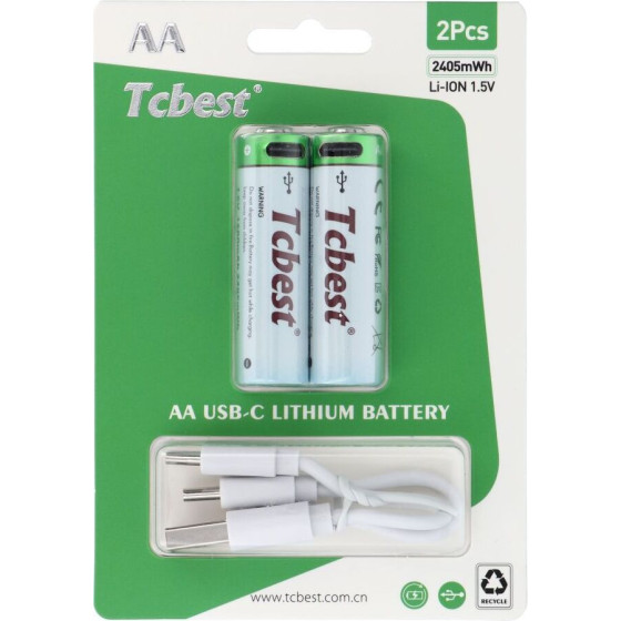 Tcbest Rechargable Battery R6 (AA) 650 Mah With Socket Type C + Cable Usb A To 2 x Type C 2 pcs