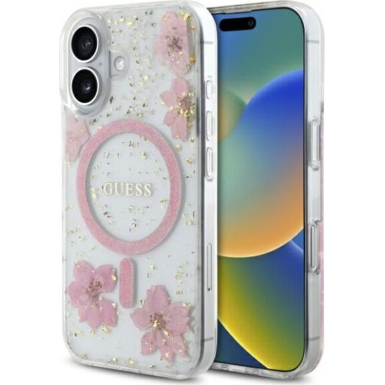 Guess Case For Iphone 16 Compatible With Magsafe GUHMP16SRbfgfgmp (Resin Flowers And Glitter) pink
