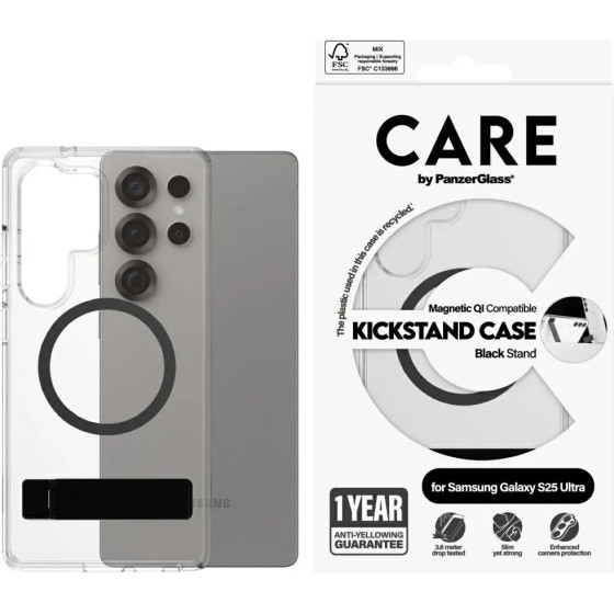 PanzerGlass Care By Feature Black Kickstand & Qi Case For Samsung Galaxy S25 Ultra - Transparent - (PAN001029-0)