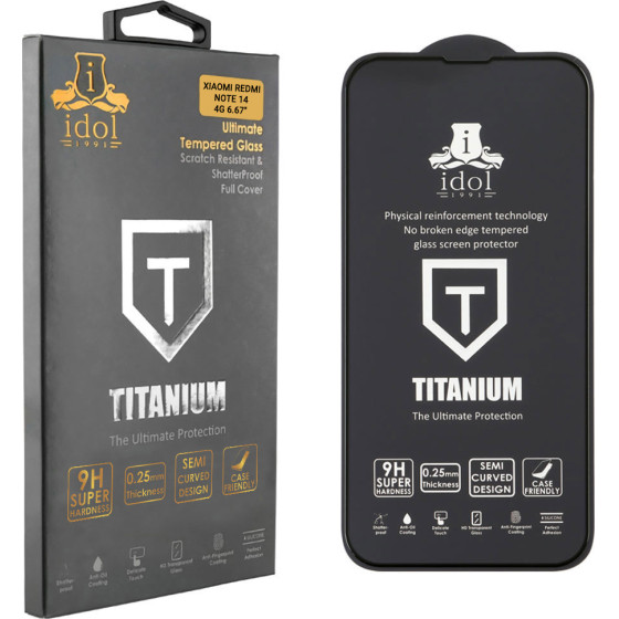Idol 1991 Tempered Glass Xiaomi Redmi Note 14 4G 6.67'' 9H 0.25mm Titanium Semi Curved Full Glue BLACK
