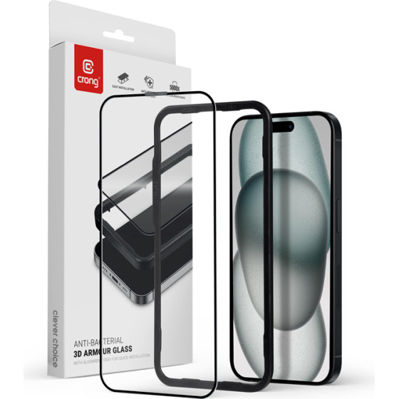 Crong Anti-Bacterial 3D Armour Glass - 9H Full Glue Tempered Glass For Iphone 16 Plus / Iphone 15 Plus + Installation Frame - (CRG-AB3DAG-IP15PL)